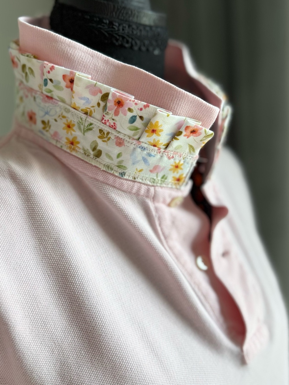 Reworked Baby Pink Ralph Lauren Polo with Floral Ruffle Collar